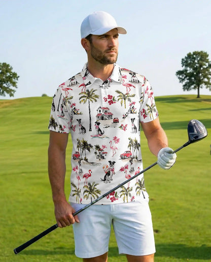 Coastal Dog Flamingo Polo Shirt - Tropical Beach Vacation Style | Azhawaiian