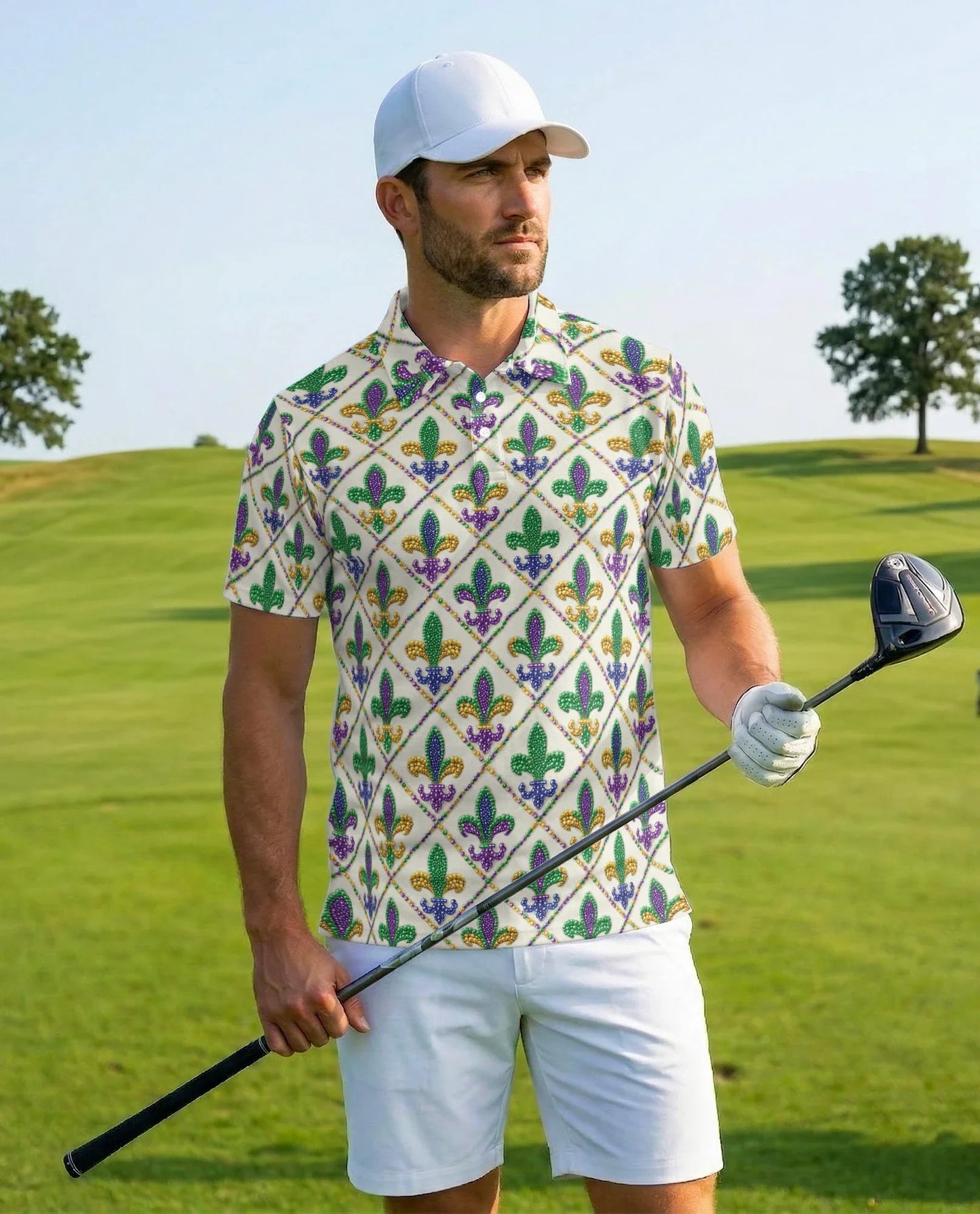 Mardi Gras Fleur De Lis Polo Shirt for Men, Festival Pattern Style | Azhawaiian