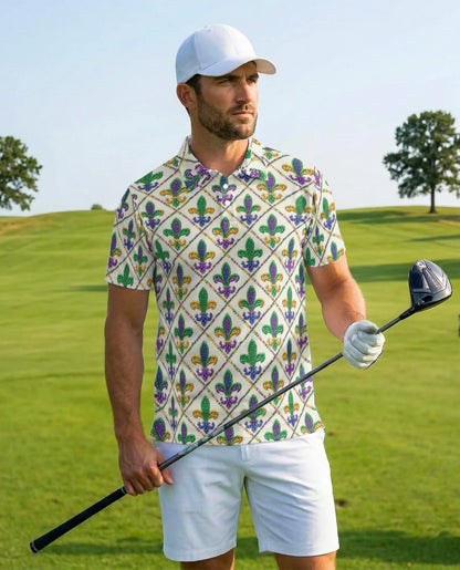 Mardi Gras Fleur De Lis Polo Shirt for Men, Festival Pattern Style | Azhawaiian