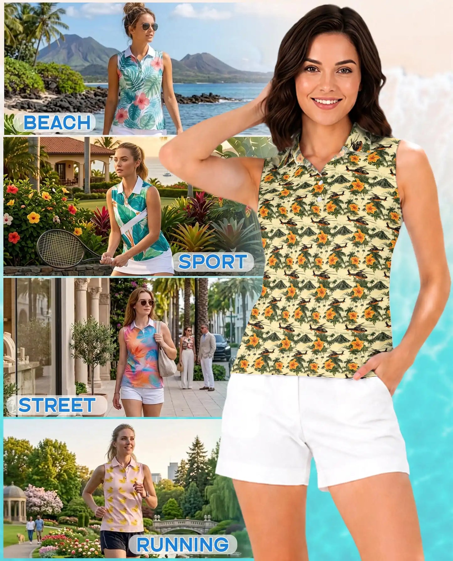 Helicopter And Hibiscus Sleeveless Polo Shirt for Women, Aviation Tropical Style | Azhawaiian