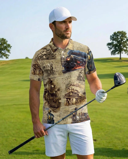 Vintage Train Polo Shirt for Men, Steam Locomotive Art | Azhawaiian
