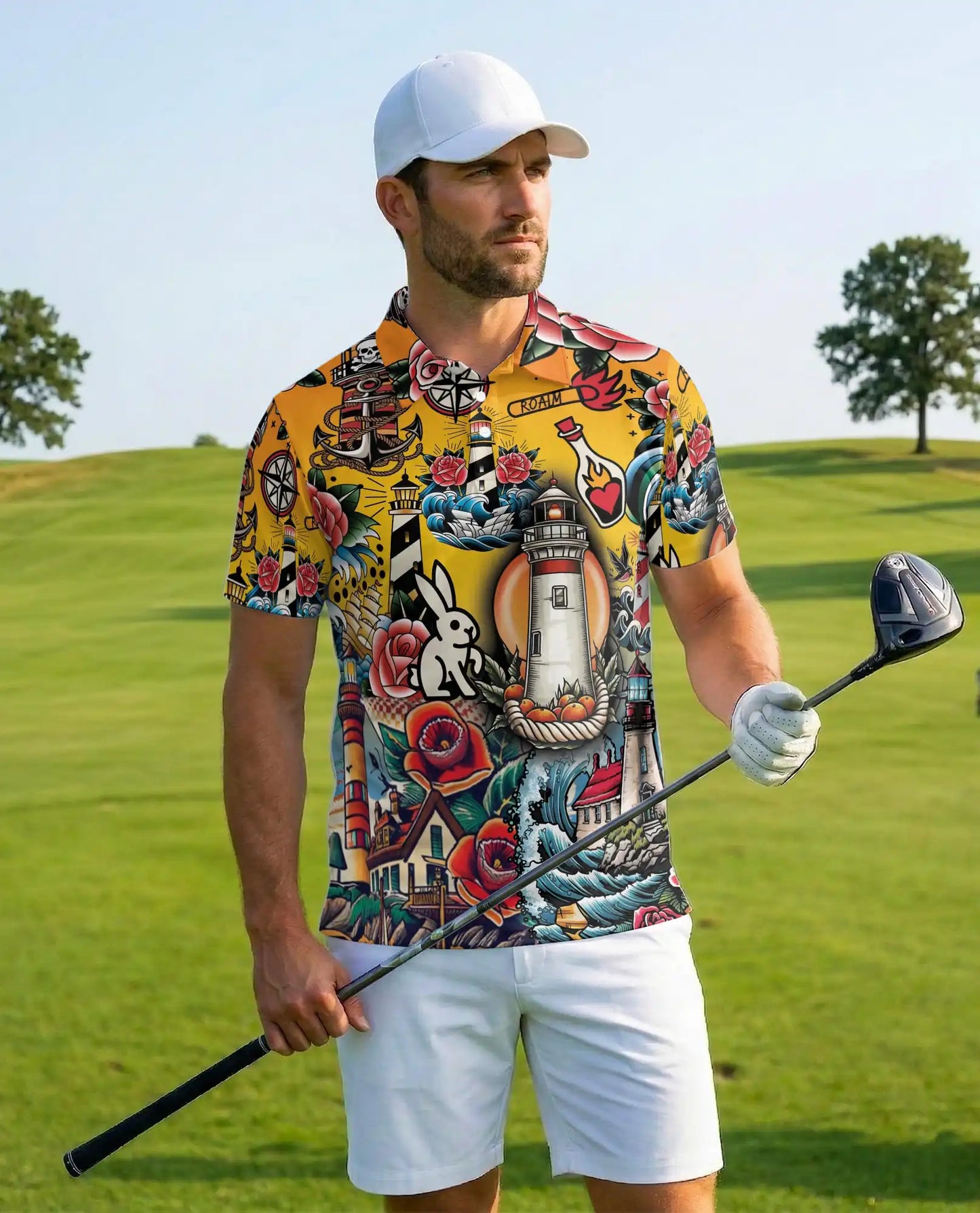 Nautical Tattoo Polo Shirt - Lighthouse Coastal Design | Azhawaiian