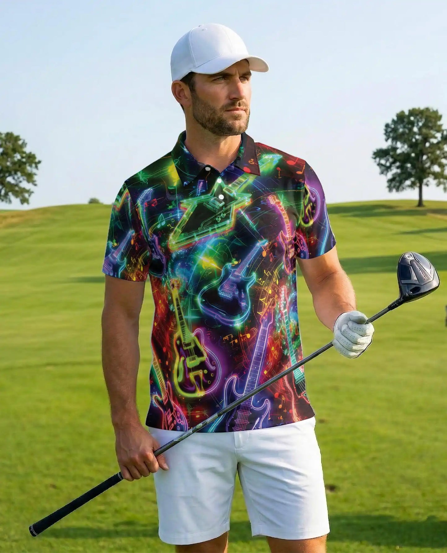 Neon Electric Guitar Rock Polo Shirt for Men | Azhawaiian