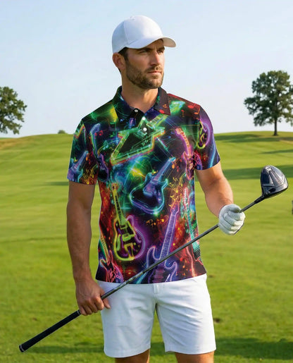 Neon Electric Guitar Rock Polo Shirt for Men | Azhawaiian