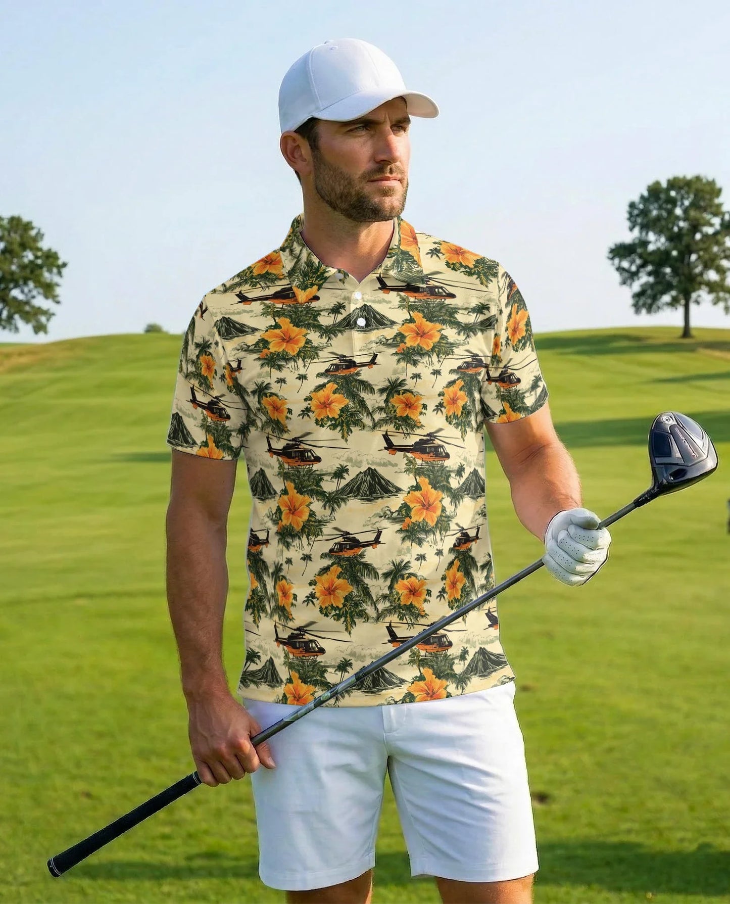 Helicopter Tropical Polo Shirt for Men, Island Aviation Style | Azhawaiian