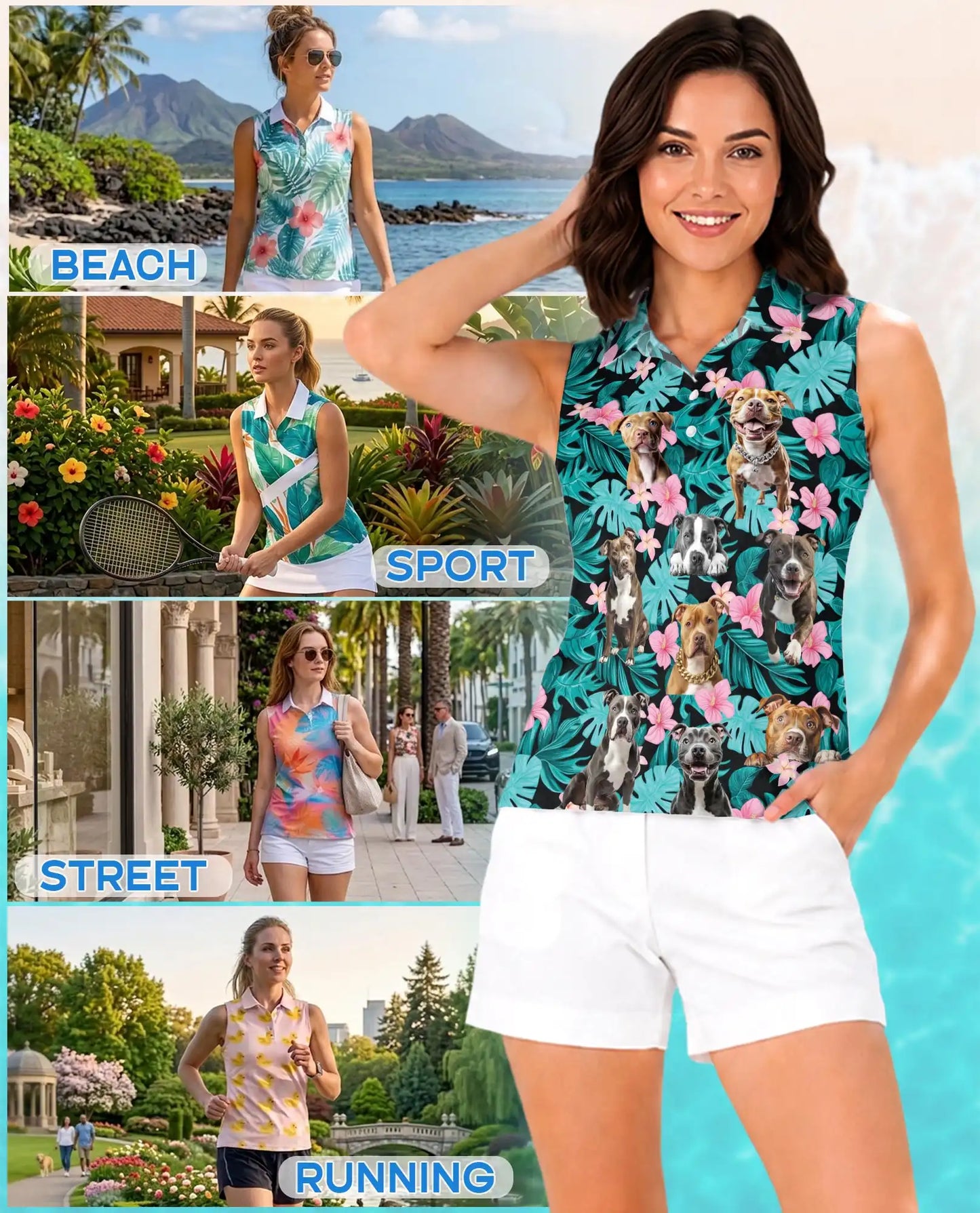 Tropical Pitbull Sleeveless Polo Shirt for Women, Cute Dog Summer Style | Azhawaiian