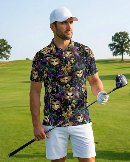 Mardi Gras Carnival Mask Hawaiian Polo Shirt for Men-Purple Green Gold Festival Party Shirt | Azhawaiian