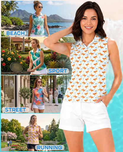 Goldfish And Seahorses Sleeveless Polo Shirt for Wome | Azhawaiian