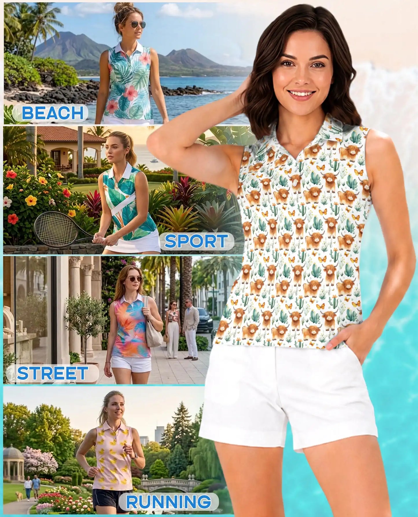 Highland Cow Cactus Sleeveless Polo Shirt for Women, Cute Western Farm Style | Azhawaiian