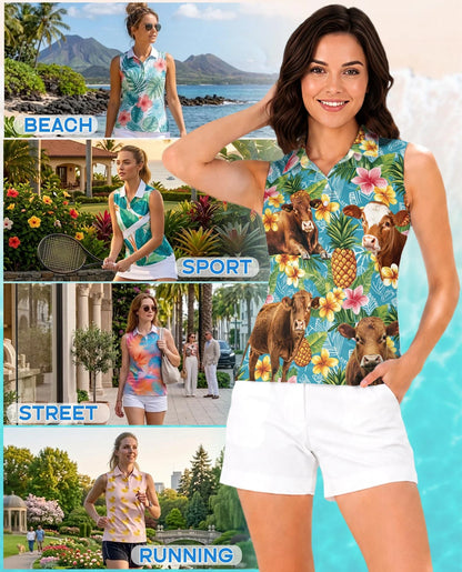 Red Angus Cattle Lovers Pineapple Sleeveless Polo Shirt for Women | Azhawaiian