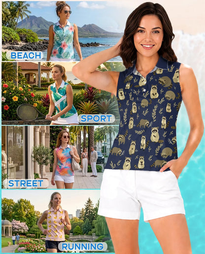 Raccoon Pattern Sleeveless Polo Shirt for Women, Cute Wildlife Style | Azhawaiian