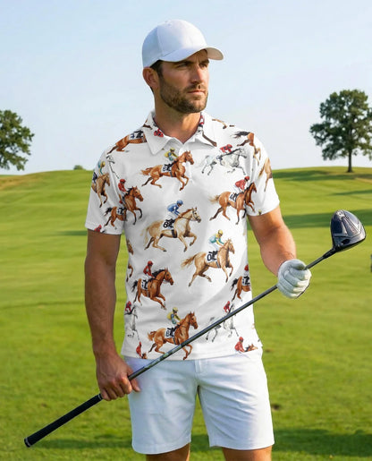 Equestrian Pattern Polo Shirt for Men, Classic Horse Lover Style | Azhawaiian