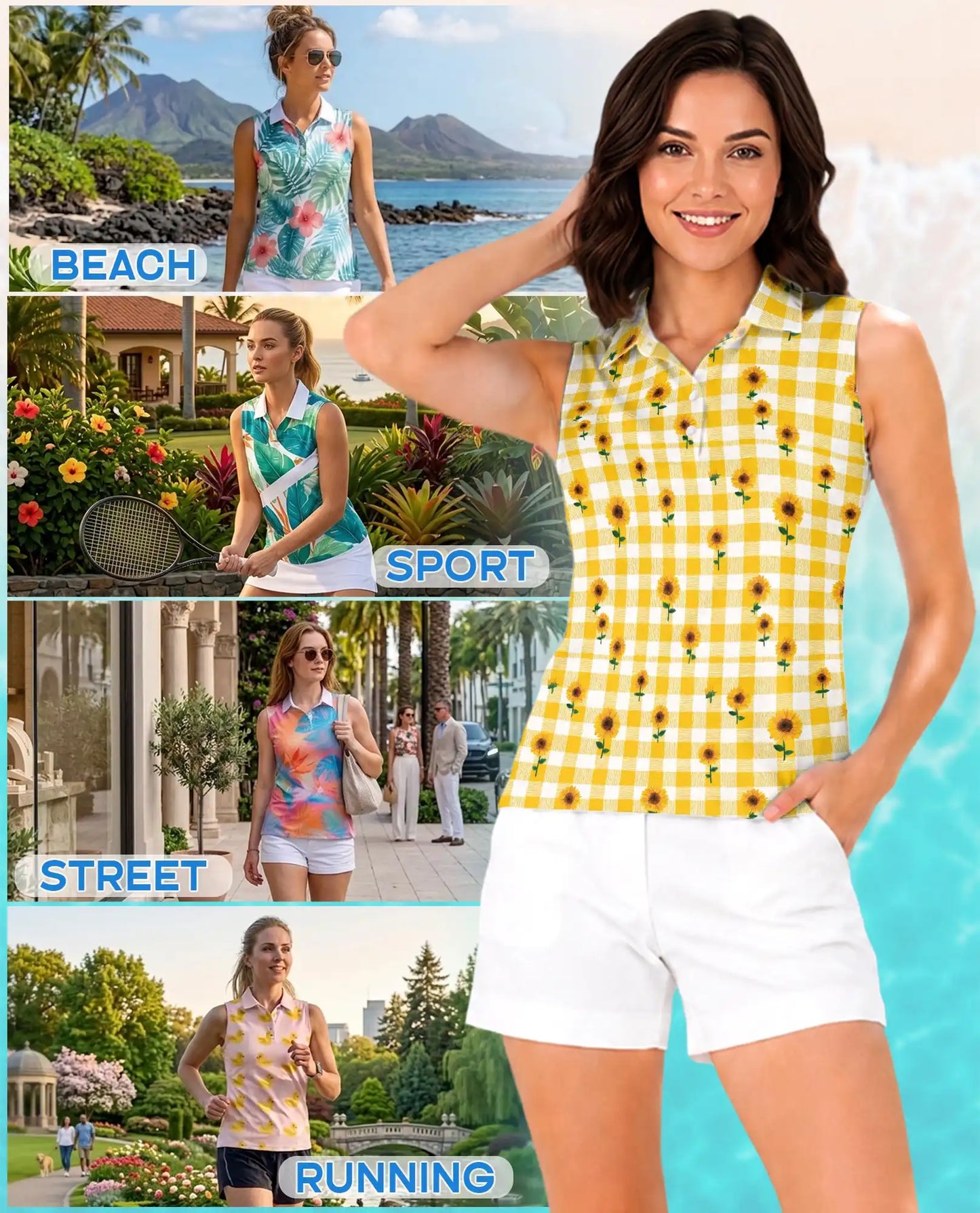 Yellow Gingham Sunflower Sleeveless Polo Shirt for Women | Azhawaiian