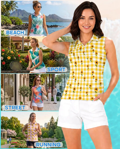 Yellow Gingham Sunflower Sleeveless Polo Shirt for Women | Azhawaiian