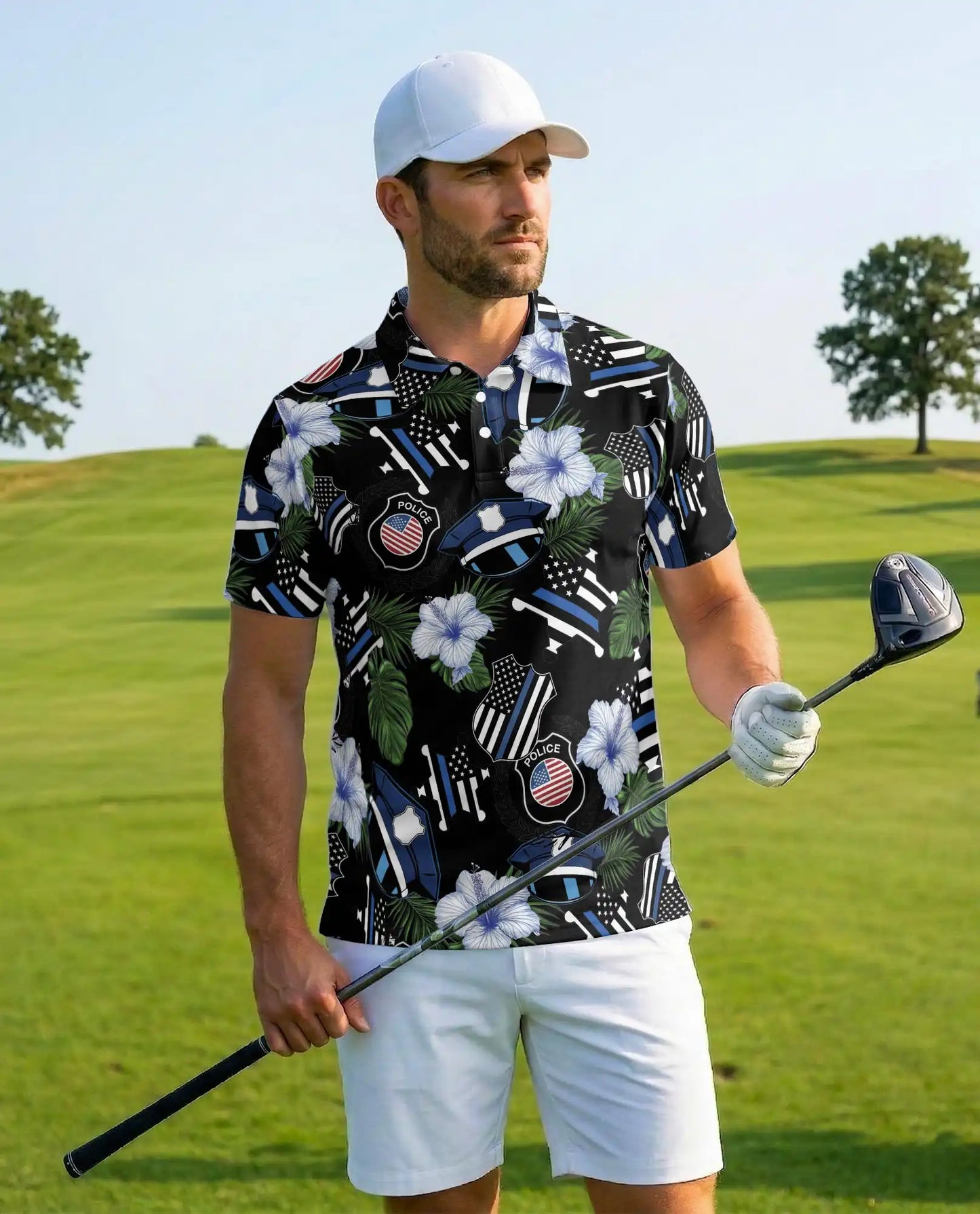 Police Thin Blue Line Polo Shirt - Tropical Floral Design | Azhawaiian