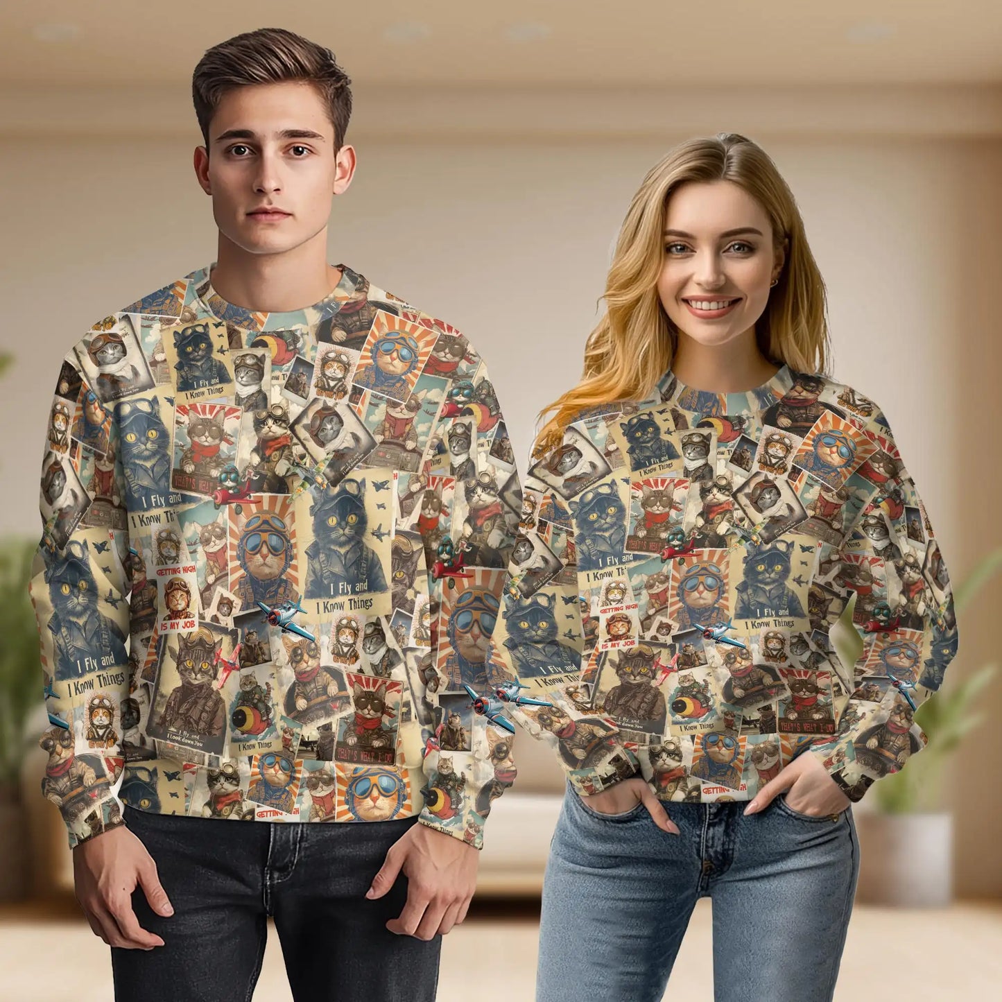Pilot Cat Sweatshirt – Colorful Graphic 3D All Over Print Design
