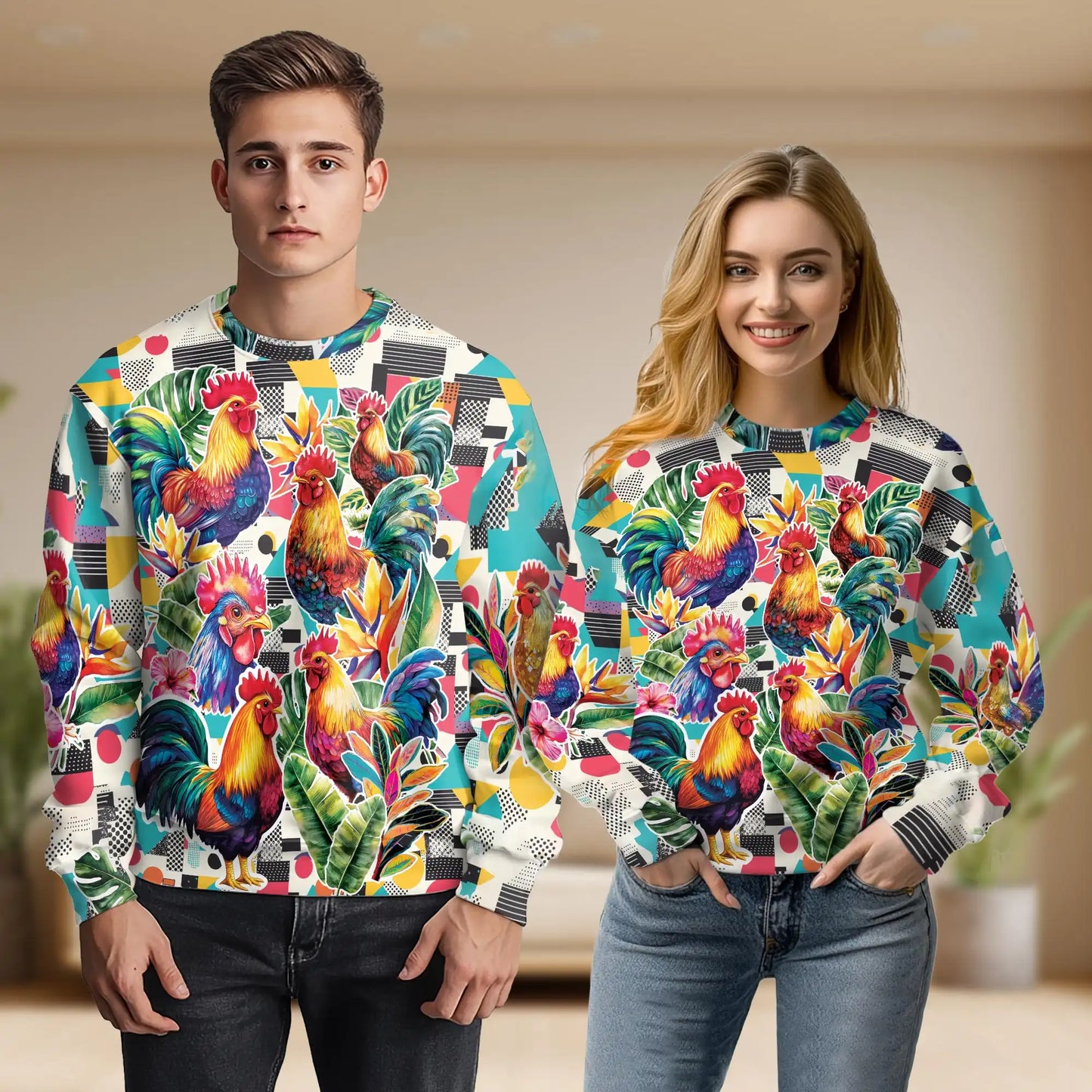 Vibrant Rooster Tropical Leaves Sweatshirt – Tropical 3D All Over Print Design