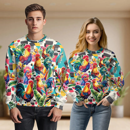 Vibrant Rooster Tropical Leaves Sweatshirt – Tropical 3D All Over Print Design