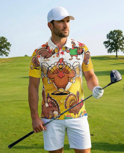 Funny Turkey Beer Polo Shirt, Thanksgiving Party Style | Azhawaiian