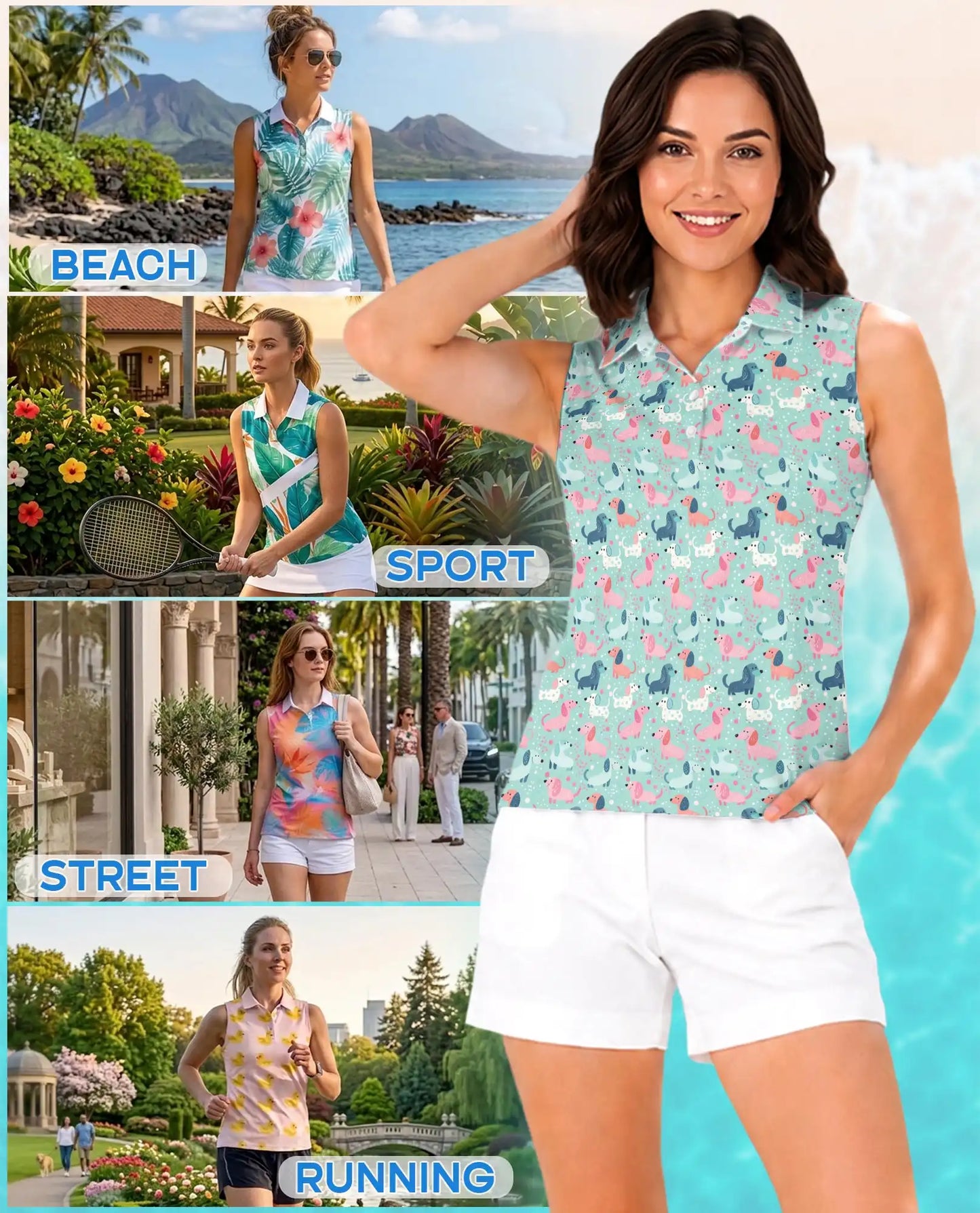 Dachshund Print Sleeveless Polo Shirt for Women, Cute Dog Lover Style