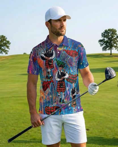 Bagpipes Player Polo Shirt for Men, Scottish Music Style | Azhawaiian