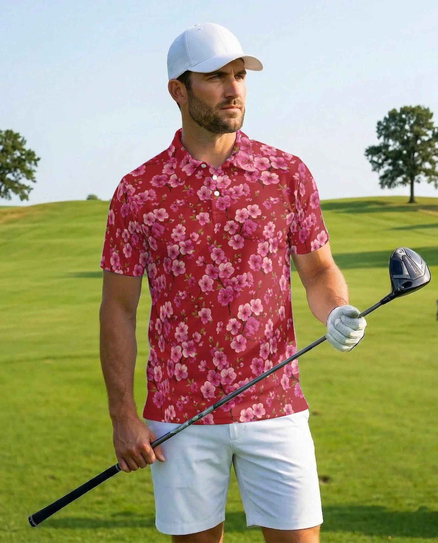 Red Cherry Blossom Polo Shirt for Men, Japanese Sakura Floral Style | Azhawaiian