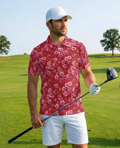 Red Cherry Blossom Polo Shirt for Men, Japanese Sakura Floral Style | Azhawaiian