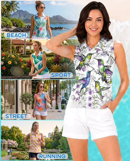 Vintage Hummingbirds Sleeveless Polo Shirt for Women | Azhawaiian