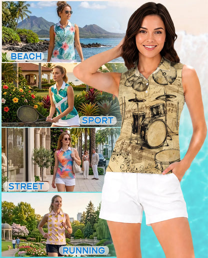 Drum Pattern Sleeveless Polo Shirt for Women | Azhawaiian