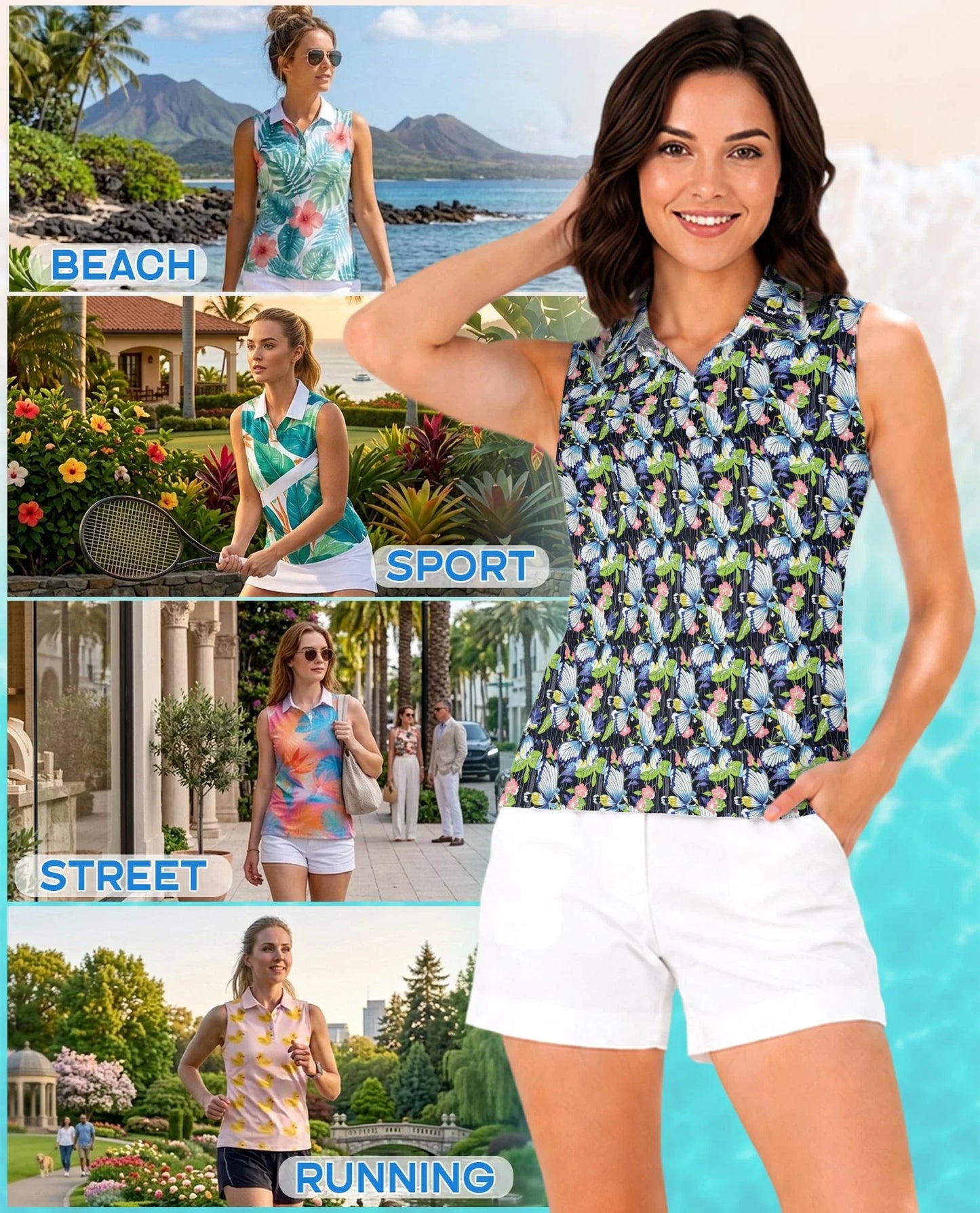 Amazing Butterfly Sleeveless Polo Shirt for Women | Azhawaiian