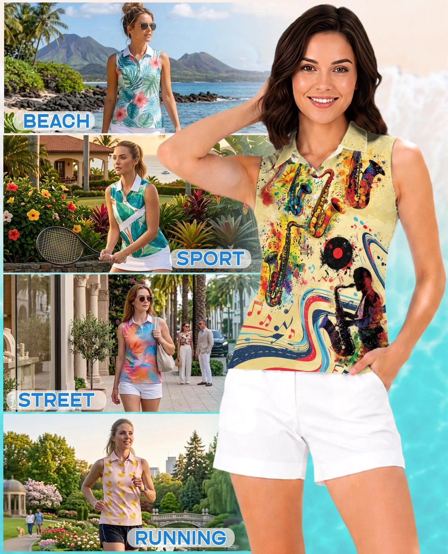 Music Saxophone Sleeveless Polo Shirt for Women | Azhawaiian
