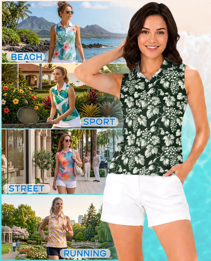 Grape And Vine Sleeveless Polo Shirt for Women, Elegant Botanical Style | Azhawaiian