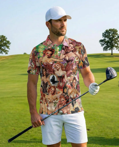 Vintage Dancer Pinup Carnival Polo Shirt for Men, Retro Circus Style | Azhawaiian