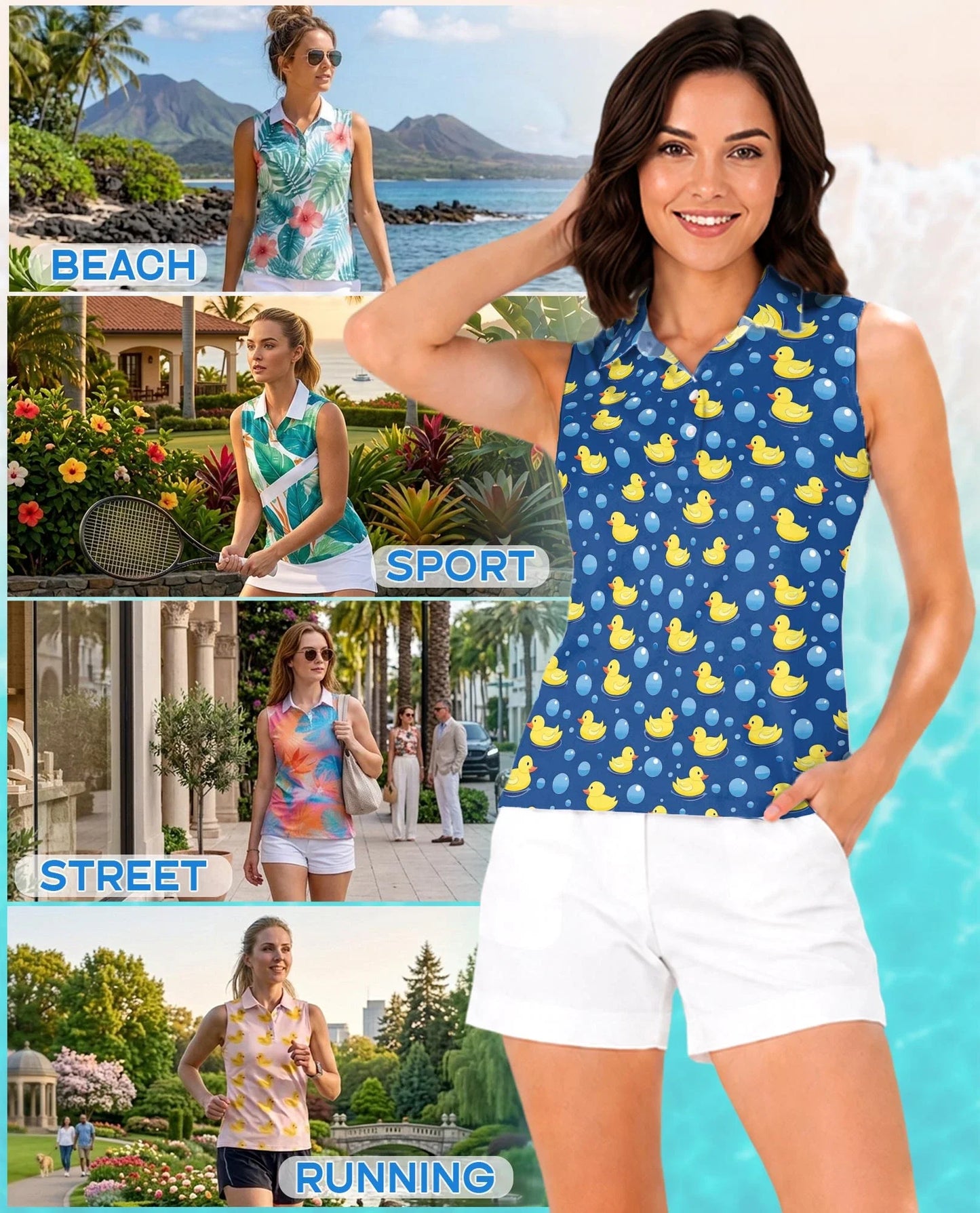 Duck Pattern Sleeveless Polo Shirt for Women | Azhawaiian