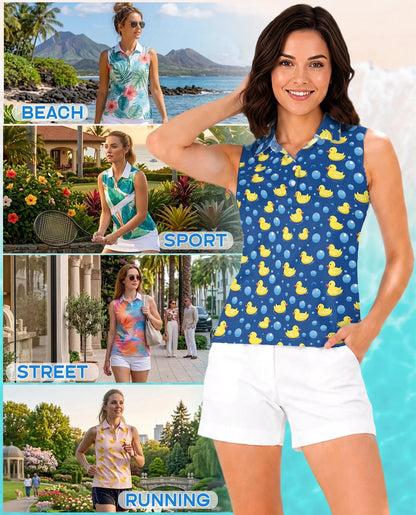 Duck Pattern Sleeveless Polo Shirt for Women | Azhawaiian