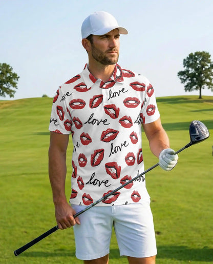 Love Kiss Lips Polo Shirt for Men - Romantic Red Lip Print | Azhawaiian