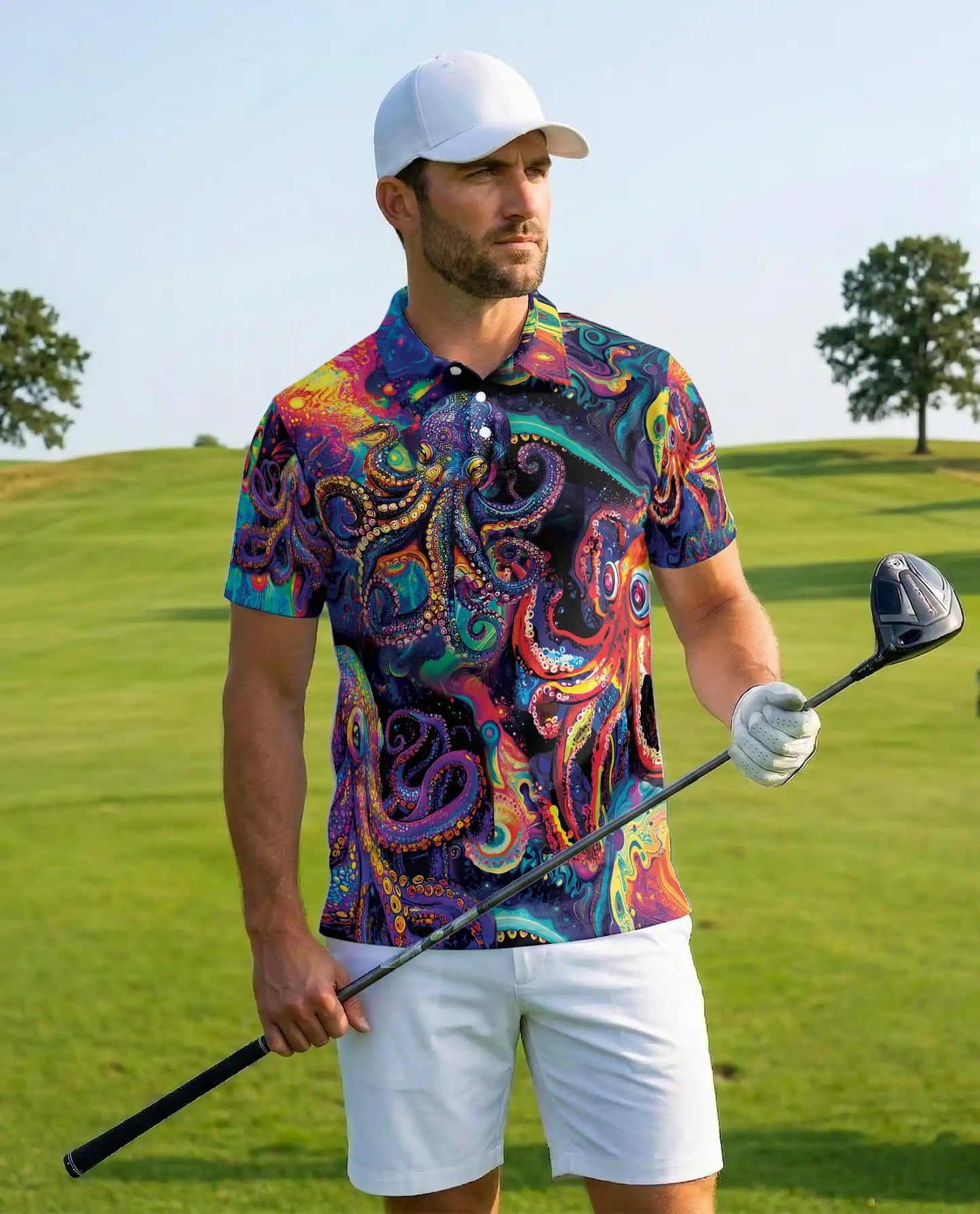 Psychedelic Octopus Polo Shirt, Colorful Ocean Style | Azhawaiian