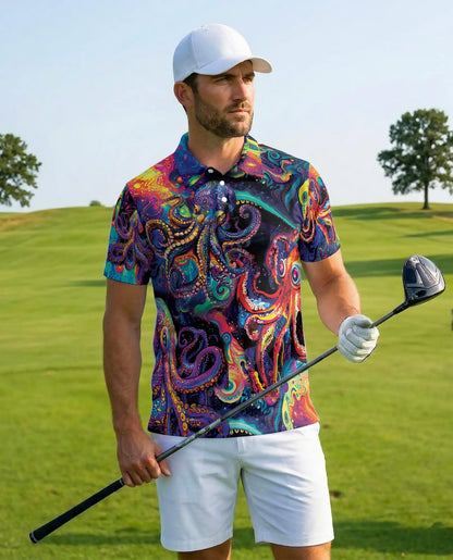 Psychedelic Octopus Polo Shirt, Colorful Ocean Style | Azhawaiian