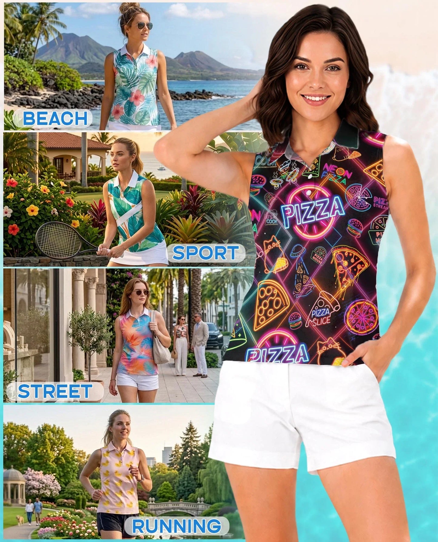 Neon Pizza Sleeveless Polo Shirt for Women, Fun Food Lover Style | Azhawaiian