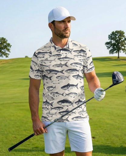 Vintage Fish Pattern Polo Shirt for Men, Coastal Fishing Style | Azhawaiian