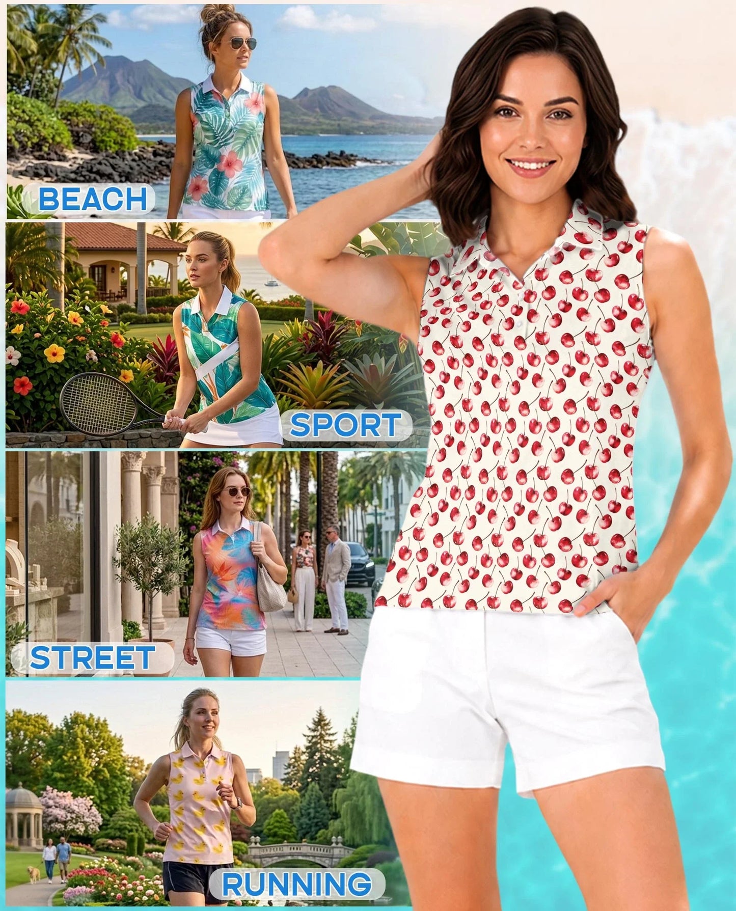 Cherry Pattern Sleeveless Polo Shirt for Women | Azhawaiian