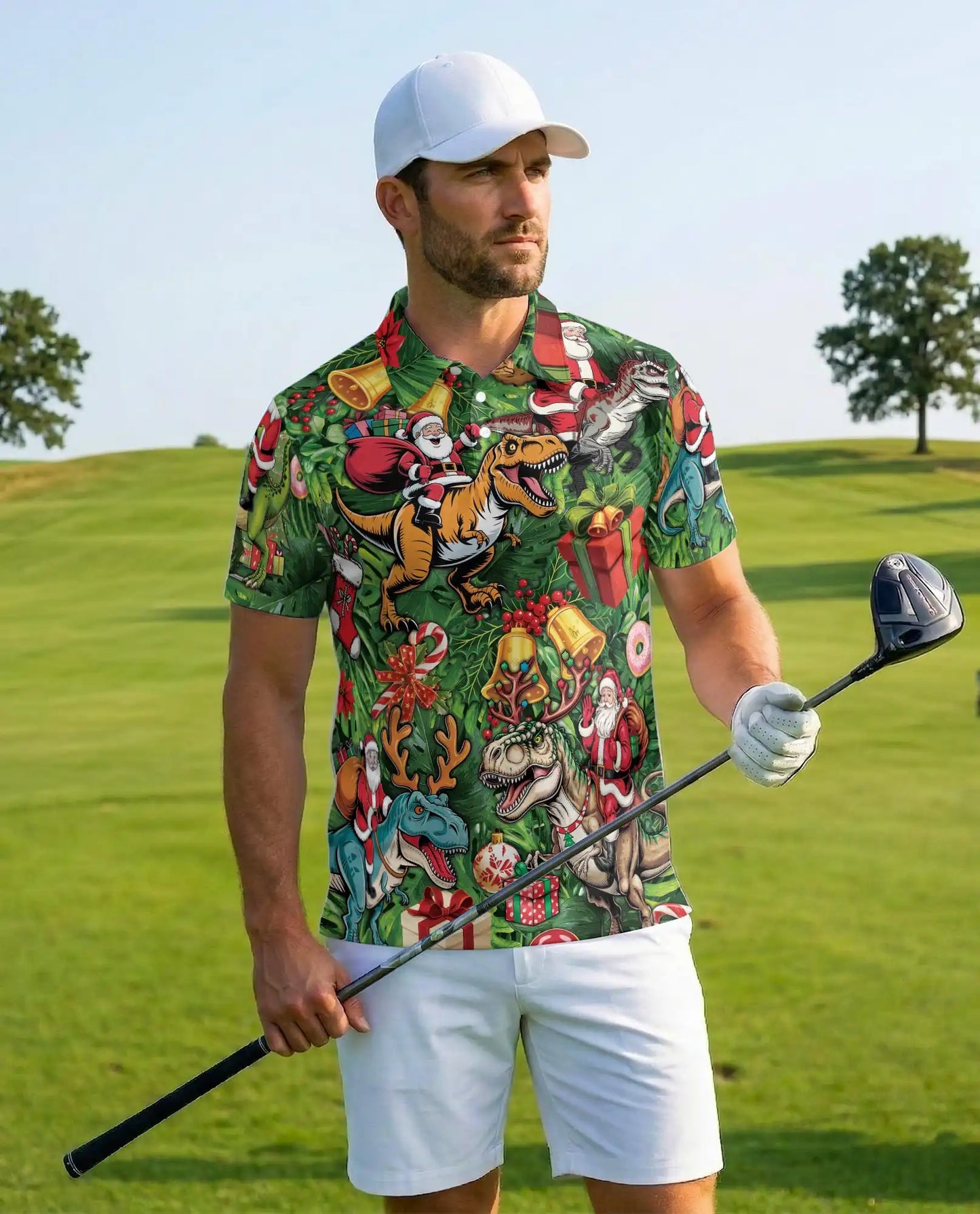 Christmas Dinosaur 3D Polo Shirt for Men, Funny Santa T Rex Holiday Style | Azhawaiian