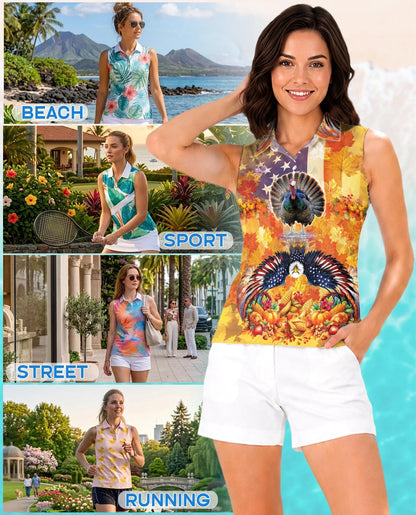 Turkey and Eagle Thanksgiving Sleeveless Polo Shirt for Women | Azhawaiian