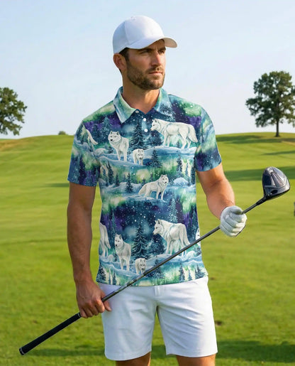 Wolf Aurora Polo Shirt, Northern Lights Winter Scene | Azhawaiian