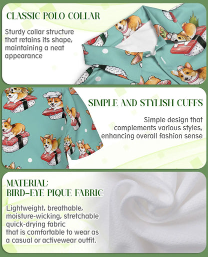 Corgi Sushi 3D Polo Shirt for Men, Funny Japanese Food Dog Style | Azhawaiian