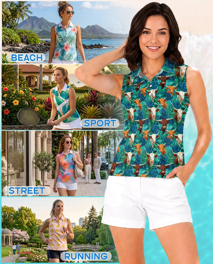 Cow and Tropical Leaves Pattern Sleeveless Polo Shirt for Women | Azhawaiian
