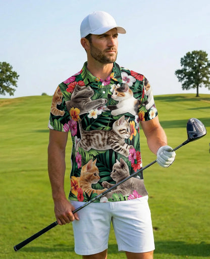 Cat Tropical Floral Polo Shirt for Men, Cute Animal Summer Style | Azhawaiian