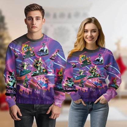 Cat Playing DJ Sweatshirt – Colorful Neon Cat Graphic 3D All Over Print Design