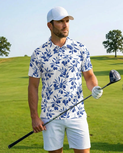 Blueberry Pattern Polo Shirt for Men, Fresh Fruit Summer Style | Azhawaiian