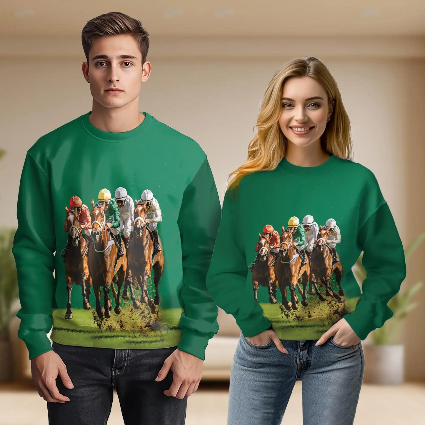 Green Horse Racing Sweatshirt – Colorful Graphic 3D All Over Print Design